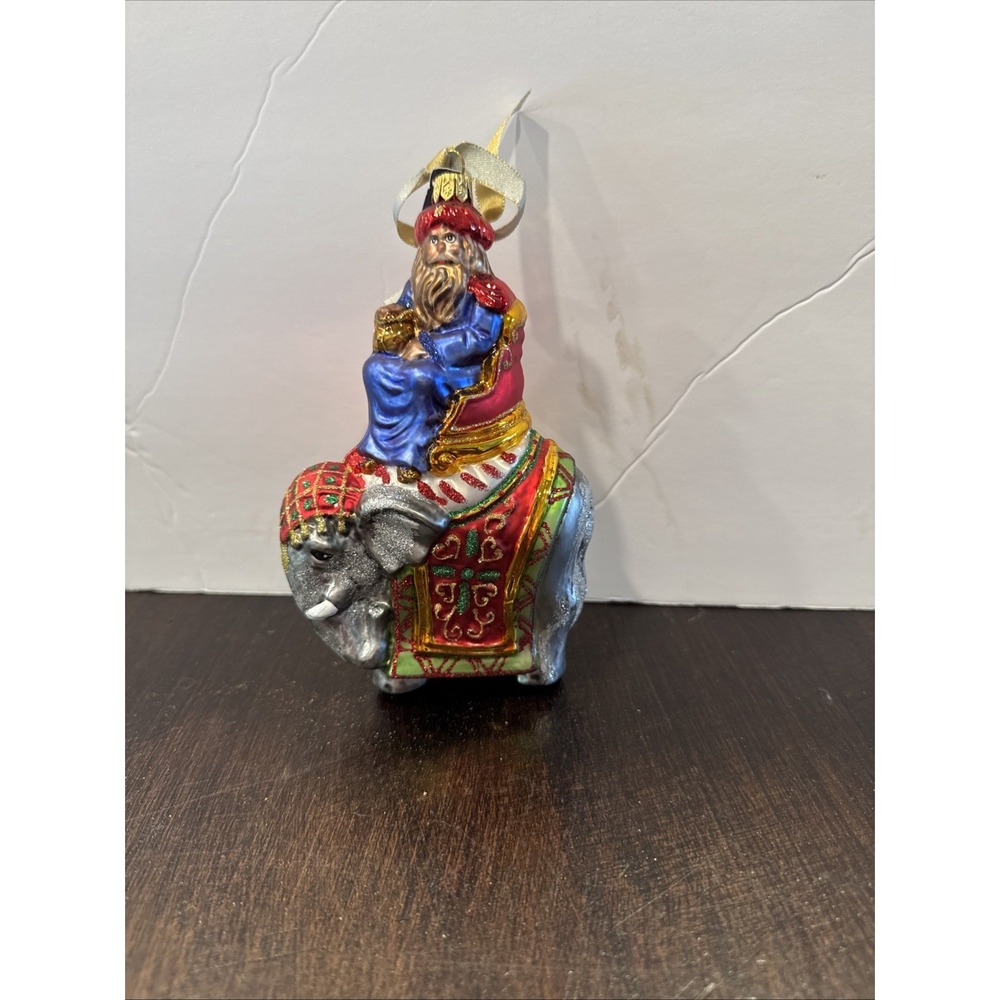 Glasswear Art Studio Santa on Elephant 6.5 Glass Ornament Poland No‎ Box